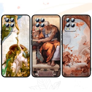 Könnte beinhalten: Drei Handyhüllen mit Renaissance-Kunstdrucken. Die Hüllen zeigen Bilder von Figuren aus klassischen Gemälden, mit schwarzem Rand und Kameraausschnitten. Die Kunst umfasst Figuren in Weiß-, Orange- und Blautönen.