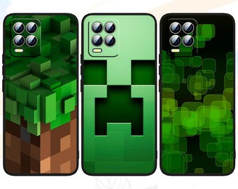 May include: Three phone cases with Minecraft-themed designs. The first case features a pixelated grass and dirt block design. The second case has a green Creeper face. The third case has a green square pattern.