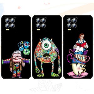 May include: Three phone cases featuring different cartoon character designs. The first case depicts a blue and green monster with one eye. The second case shows a character from the film Up, holding balloons. The third case features a character from the film Beauty and the Beast, sitting on a stack of teacups.
