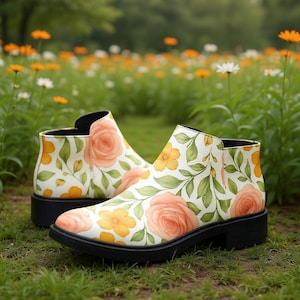 Gebloemde enkellaarsjes voor dames Cottagecore lente slofjes met rozen wilde bloemen vintage tuinprint schoenen zachte pastelkleurige bloemenmode