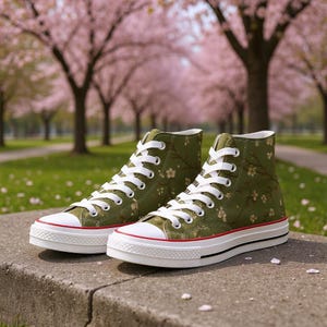 Cherry Blossom High Top Sneakers Cottagecore Sakura Floral Canvas Shoes Aesthetic Olive Green Spring and Summer Japanese Flower Print