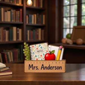 Puede incluir: Organizador de escritorio de madera con base de regla, con un cuaderno floral, papel rayado, una manzana roja y un lápiz. El organizador está personalizado con el nombre "Mrs. Anderson".