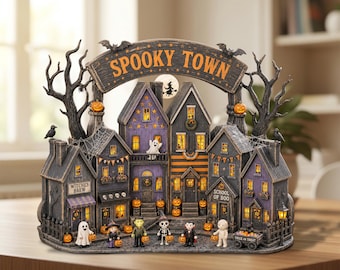 Spooky Town Halloween Village Diorama, Custom Haunted Town Shelf Decor, Gothic Pumpkin Village Display, Halloween Family Gift
