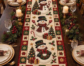 Christmas Snowman Cheer Quilted Table Runner, Holly Berry Table Decor, 3D Snowman Table Runner, Festive Home Decor, Snowman Lover Gift