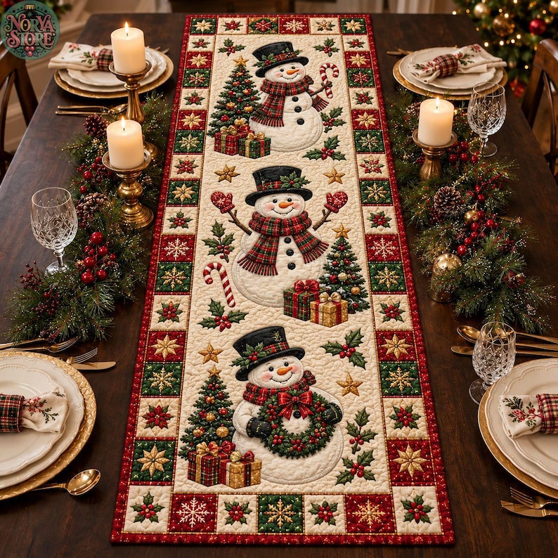 Top Table Table Runners Christmas Snowman Cheer Quilted Table Runner, Holly Berry Table Decor ...