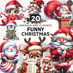 20+ Watercolor Funny Christmas Clipart Bundle, Comical Santa Png, Whimsical Christmas Clipart, Christmas Bundle Png, Commercial Use