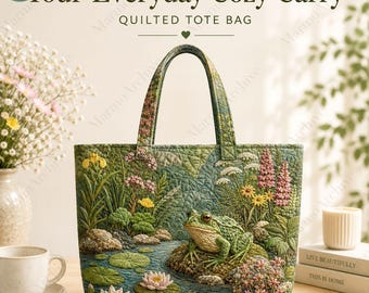 Personalized Frog Quilted Tote Bag, Custom Name Lily Pond Garden Bags, Frog Lover Gift For Women, Nature Tote, Birthday Gift Idea