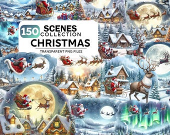 150+ Watercolor Christmas Scenes Clipart Bundle, Scenery Bundle Png, Christmas Landscapes Png, Christmas Village Clipart, Commercial Use