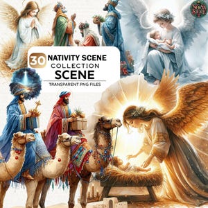 Op de afbeelding: Een digitale kunstcollectie met een kerststal met engelen, de drie wijzen en het kindje Jezus. De afbeelding bevat de tekst "30 Nativity Scene Collection Scene Transparent PNG Files". Het kunstwerk is uitgevoerd in een aquarel stijl met zachte kleuren.