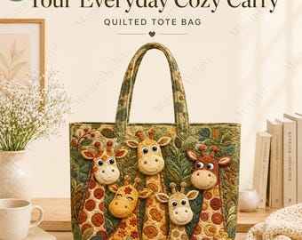 Personalized Giraffe Quilted Tote Bag, Custom Name Cute Giraffe Floral Bags, Giraffe Lover Gift For Women, Safari Tote, Birthday Gift