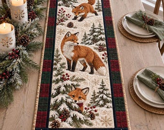 Winter Fox Quilted Table Runner, Christmas Snowy Pines Table Decor, 3D Forest Scene Table Runner, Rustic Cabin Kitchen Decor, Fox Lover Gift