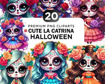20+ schattige poppen La Catrina clipartbundel, Día de Muertos png, dag van de doden clipart, Mexicaanse png, suikerschedel clipart, bloem png