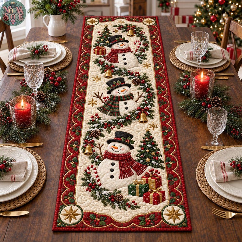 Top Table Table Runners Christmas Snowman Cheer Quilted Table Runner, Holly Berry Table Decor ...