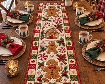 Gingerbread Man Quilted Table Runner, Christmas Candy Cane Table Decor, Rustic Farm Table Runner, Cozy Home Kitchen Decor, Christmas Gift