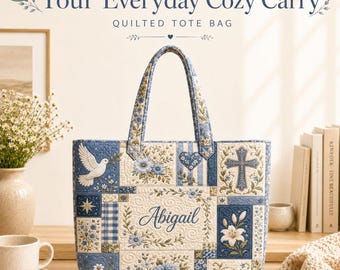 Pode incluir: Uma bolsa tote acolchoada com design de patchwork em tons de azul, branco e creme. A bolsa exibe padrões florais, uma pomba branca, uma cruz e um coração. O nome Abigail está bordado no centro. O texto diz Your Everyday Cozy Carry.