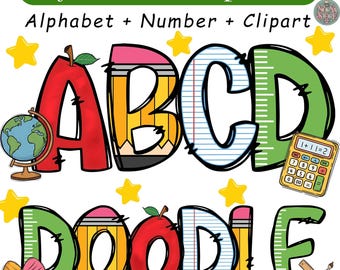4+ School Doodle Png Bundle, Teacher Alphabet Png, School Letters Png Bundle, Teacher Life Png, Hand Drawn Font Png, School Png
