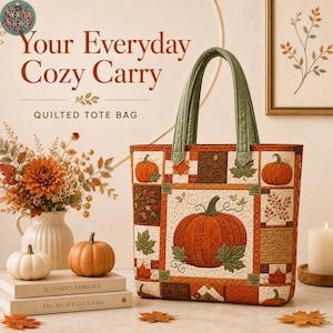 May include: A quilted tote bag featuring a patchwork design with orange pumpkins and autumn leaves in shades of brown, green, and cream. The bag has two sage green fabric handles and is displayed alongside books and a vase of fall flowers.