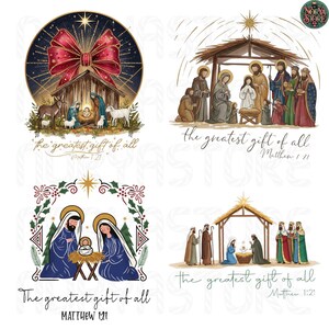 May include: Four Christmas-themed illustrations featuring the Nativity scene. Each image depicts the Holy Family, with variations in style and composition. Text includes "The greatest gift of all" and "Matthew 1:21". The images are in a watercolor style.