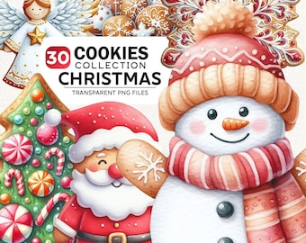 30+ Watercolor Christmas Cookies Clipart Bundle, Christmas Bundle Png, Christmas Cookies Png, Gingerbread Cookie Clipart, Commercial Use
