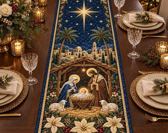 Nativity Scene Quilted Table Runner, Christmas Table Decor, 3D Manger Dining Table Runner, Christian Home Kitchen Decor, Faith Lover Gift