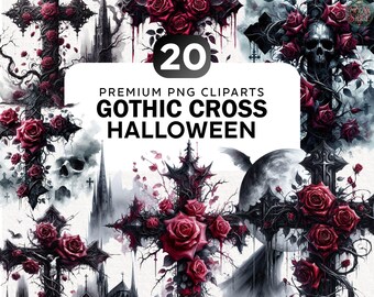May include: A digital collection of 20 gothic cross cliparts featuring dark ornate crosses adorned with deep red roses, skeletal skulls, thorny vines, and silhouettes of gothic cathedrals against misty backgrounds with the text 20 PREMIUM PNG CLIPARTS GOTHIC CROSS HALLOWEEN.