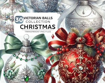 May include: A collection of Victorian Christmas balls in various designs. The ornaments feature intricate patterns, ribbons, and jewel accents. The color palette includes silver, red, green, and white. Text on the image reads "30 Victorian Balls Collection Christmas Transparent PNG Files."