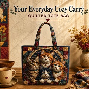 May include: A quilted tote bag featuring a colorful patchwork design and a central illustration of four cats. The text on the bag reads: Your Everyday Cozy Carry QUILTED TOTE BAG. The bag has two fabric handles and a dark blue, red, and yellow pattern.