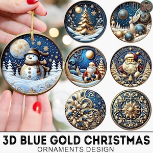20+ 3D Blue Gold Christmas Ornament Bundle, Festive Landscape Ornament Designs, Snowman Xmas Ornament Png, Christmas Png, Commercial Use