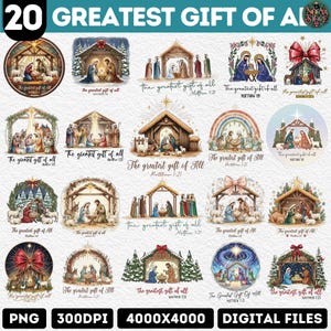 May include: A collection of 20 digital PNG files featuring Nativity scenes. Each design showcases the Holy Family, animals, and the text "The greatest gift of all" from Matthew 1:21. The images are in a variety of circular and rectangular formats.