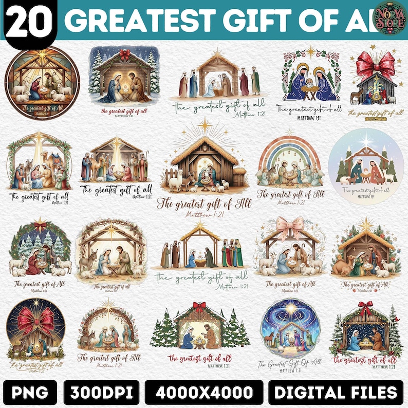 May include: A collection of 20 digital PNG files featuring Nativity scenes. Each design showcases the Holy Family, animals, and the text "The greatest gift of all" from Matthew 1:21. The images are in a variety of circular and rectangular formats.