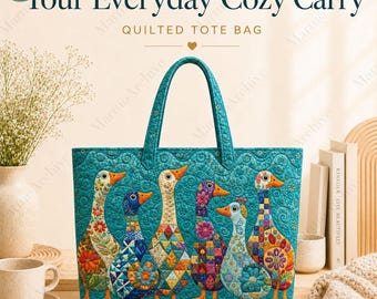 Personalized Goose Quilted Tote Bag, Custom Name Patchwork Geese Purse, Decorative Canvas Bag, Animal Lover Gift, Folk Art Tote