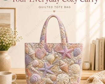 Personalized Seashell Quilted Tote Bag, Custom Name Starfish Pearl Pastel Bags, Ocean Lover Gift For Women, Beach Tote, Birthday Gift