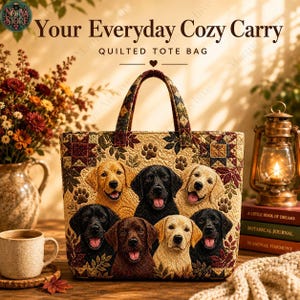 May include: A quilted tote bag featuring a pattern of golden, black, and chocolate Labrador retriever faces interspersed with autumn leaves and paw prints. The bag has two top handles and a rectangular shape with a multi-coloured fabric design.