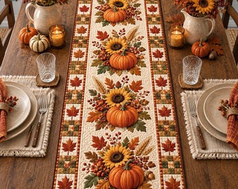 Sunflower Pumpkin Quilted Table Runner, Fall Harvest Table Decor, 3D Floral Dining Table Runner, Rustic Fall Decor, Thanksgiving Gift