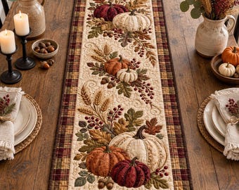 Vintage Pumpkin Quilted Table Runner, Fall Berries Table Decor, 3D Harvest Dining Table Runner, Rustic Fall Kitchen Decor, Thanksgiving Gift