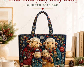 Personalized Sheep Christmas Quilted Tote Bag, Custom Name Holiday Floral Bags, Sheep Lover Gift For Women, Winter Tote, Birthday Gift