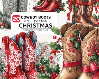 20+ aquarel kerst cowboylaarzen clipartbundel, kerstbundel png, feestelijke kerst png, kerst westerse clipart, commercieel gebruik