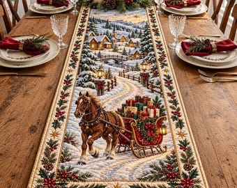 Christmas Gift Sleigh Quilted Table Runner, Snowy Town Table Decor, 3D Horse Scene Table Runner, Rustic Holiday Kitchen Decor, Winter Gift