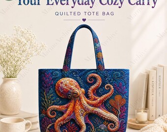 Personalized Octopus Quilted Tote Bag, Custom Name Ocean Coral Blue Bags, Octopus Lover Gift For Women, Sea Tote, Birthday Gift Idea