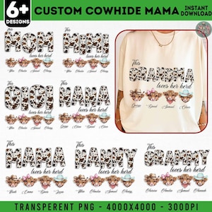 May include: A cream-colored t-shirt with the text "This GRANDMA loves her herd" in a cowhide pattern. Below are cartoon cow faces wearing hats and bandanas. Other designs include "MOM", "MIMI", "GIGI", "NANA", "MAMA", "NANNY", and "GRAMMY".