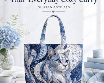 Personalized Elegant Cat Quilted Tote Bag, Custom Name Blue Silver Floral Bags, Cat Lover Gift For Women, Luxury Tote, Birthday Gift