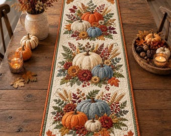 Pumpkin Harvest Quilted Table Runner, Fall Floral Table Decor, 3D Thanksgiving Dining Table Runner, Country Home Decor, Thanksgiving Gift