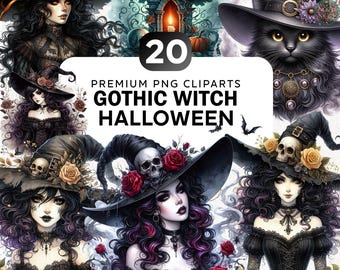 20+ Gothic Witch Clipart Bundle, Spooky Halloween Png, Dark Witches Clipart, Gothic Junk Journal Png, Witch Clipart, Halloween Png