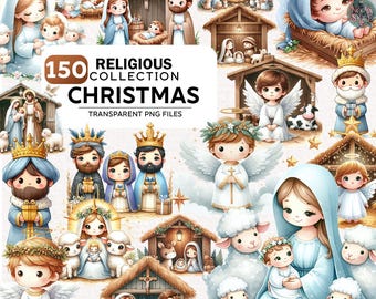150+ Watercolor Religious Christmas Clipart Bundle, Virgin Mary Bundle Png, Nativity Scene Png, Cute Christmas Jesus Clipart, Commercial Use