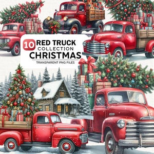 May include: A digital art collection featuring red vintage trucks laden with Christmas gifts and trees. The image includes the text "10 Red Truck Collection Christmas Transparent PNG Files."