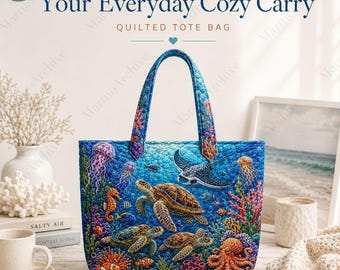 Personalized Underwater Quilted Tote Bag, Custom Name Sea Turtle Jellyfish Canvas Purse, Ocean Lover Gift, Marine Life Shoulder Bag