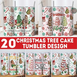 Puede incluir: Una colección de 20 diseños de vasos con temática navideña. Los vasos presentan árboles de Navidad de dibujos animados, hombres de jengibre, bastones de caramelo y el texto "Out here lookin' like a snack". Los diseños incluyen las palabras "Christmas Vibes" y "Christmas Tree Cake".