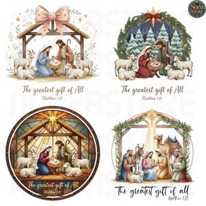 May include: Four watercolor illustrations depicting the Nativity scene. Each image shows Mary, Joseph, and baby Jesus in a manger, surrounded by animals. The text "The greatest gift of All Matthew 1:21" is included in each image.