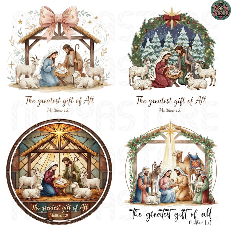 May include: Four watercolor illustrations depicting the Nativity scene. Each image shows Mary, Joseph, and baby Jesus in a manger, surrounded by animals. The text "The greatest gift of All Matthew 1:21" is included in each image.