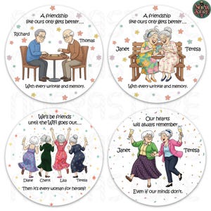 May include: Four round coasters with illustrations of elderly people. One shows two men playing a game, another two women looking at a phone, a third four women dancing, and the last two women toasting. Each coaster has a different quote.